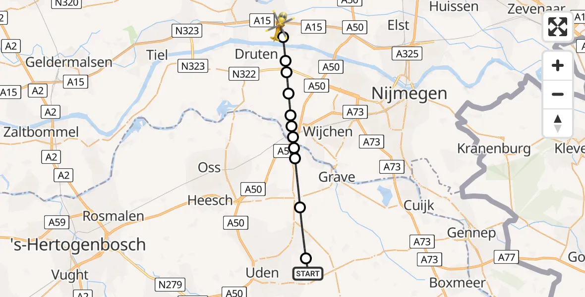 Vluchtroute Traumahelikopter van Vliegbasis Volkel naar Dodewaard