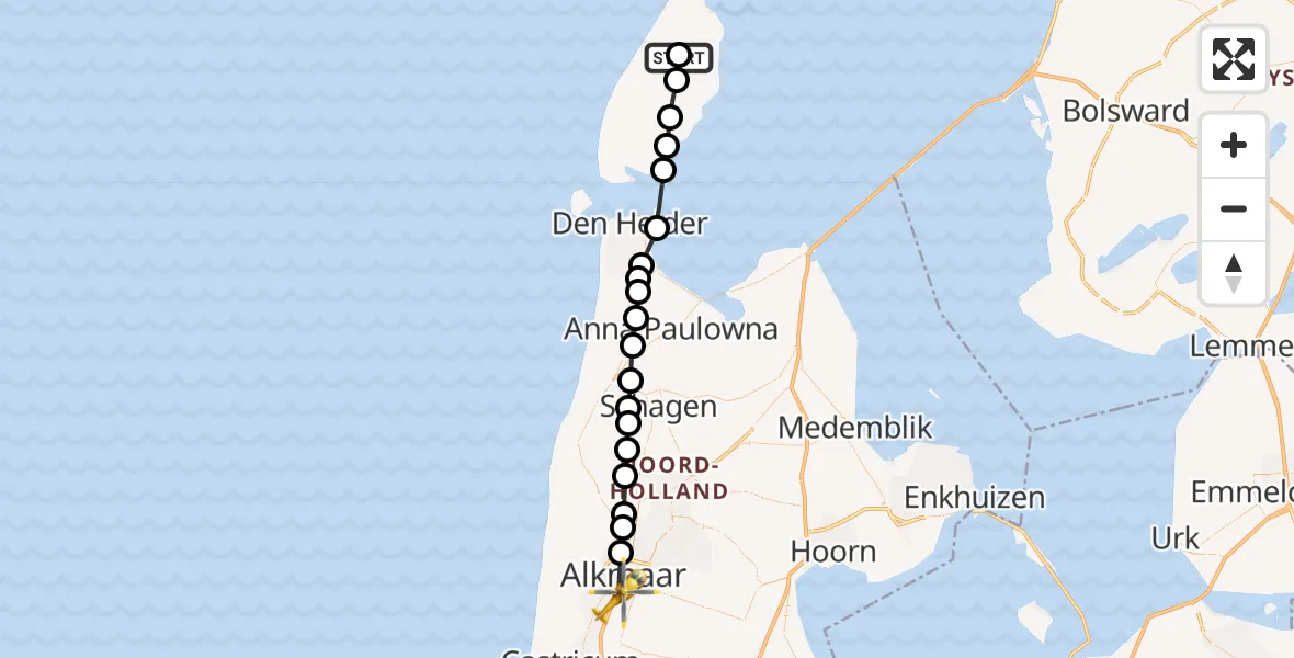 Vluchtroute Ambulancehelikopter van Texel International Airport naar Alkmaar