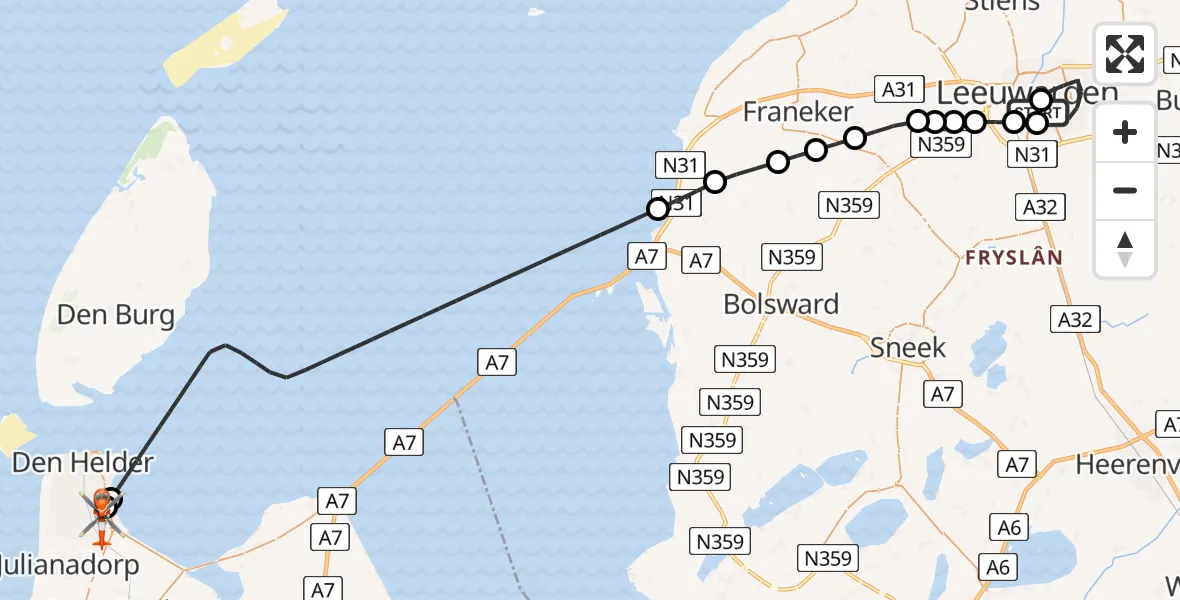 Vluchtroute Kustwachthelikopter van Leeuwarden Medical Center Heliport naar Militair vliegveld De Kooy / Den Helder Airport