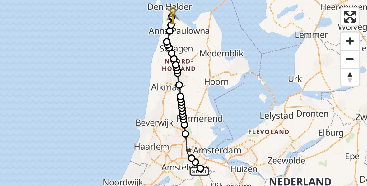 Vluchtroute Traumahelikopter van Amsterdam UMC Helipad naar Militair vliegveld De Kooy / Den Helder Airport