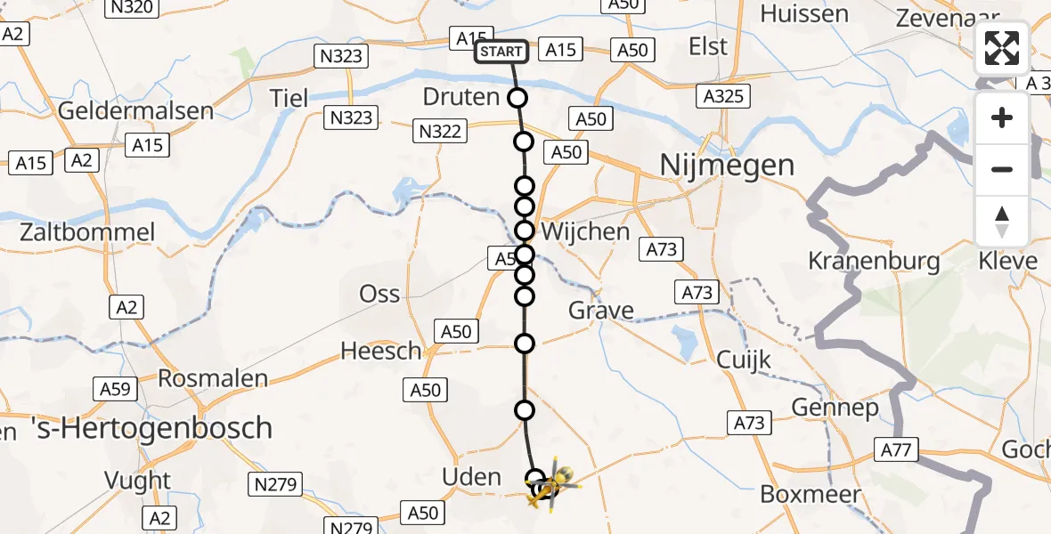Vluchtroute Traumahelikopter van Dodewaard naar Vliegbasis Volkel