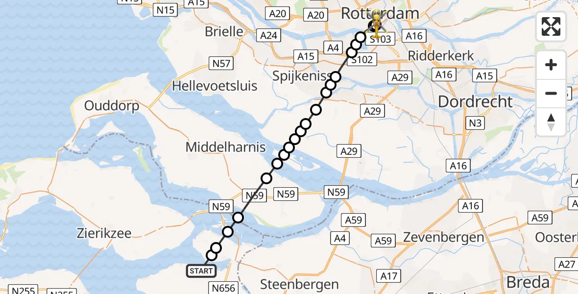 Vluchtroute Traumahelikopter van Krabbenkreek naar Erasmus MC