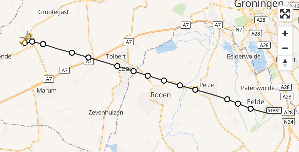 Vluchtroute Traumahelikopter van Groningen Airport Eelde naar Doezum