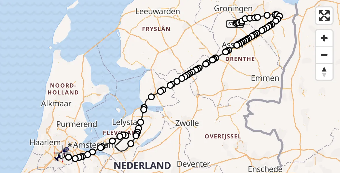 Vluchtroute Politiehelikopter van Groningen Airport Eelde naar Amsterdam Vliegveld Schiphol