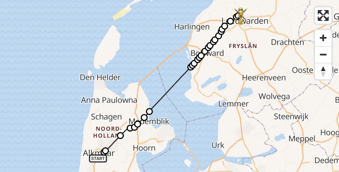 Vluchtroute Ambulancehelikopter van Alkmaar naar Vliegbasis Leeuwarden