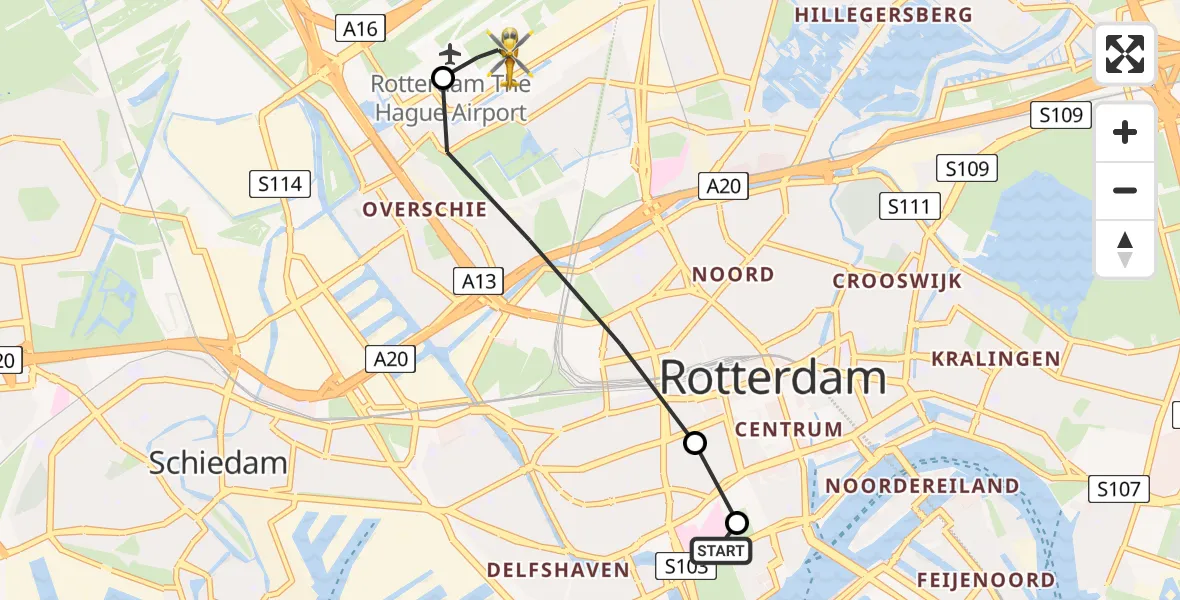 Vluchtroute Traumahelikopter van Erasmus MC naar Rotterdam The Hague Airport