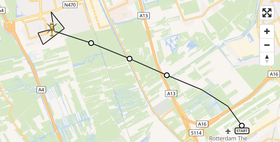 Vluchtroute Traumahelikopter van Rotterdam The Hague Airport naar Delft