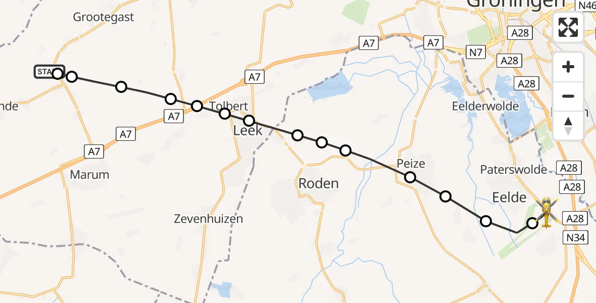 Vluchtroute Traumahelikopter van Doezum naar Groningen Airport Eelde