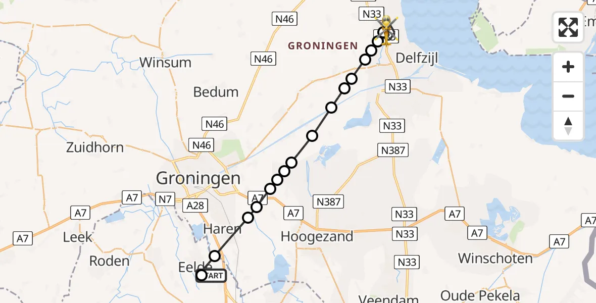 Vluchtroute Traumahelikopter van Groningen Airport Eelde naar Holwierde