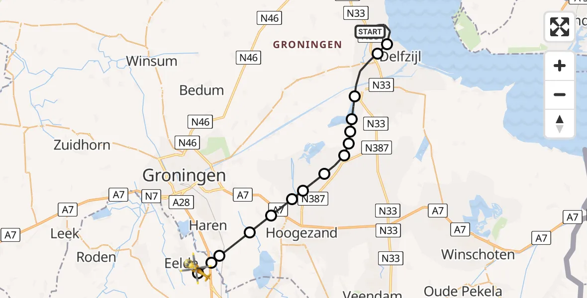 Vluchtroute Traumahelikopter van Holwierde naar Groningen Airport Eelde