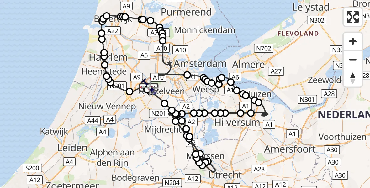 Vluchtroute Politiehelikopter van Amsterdam Vliegveld Schiphol naar Amsterdam Vliegveld Schiphol