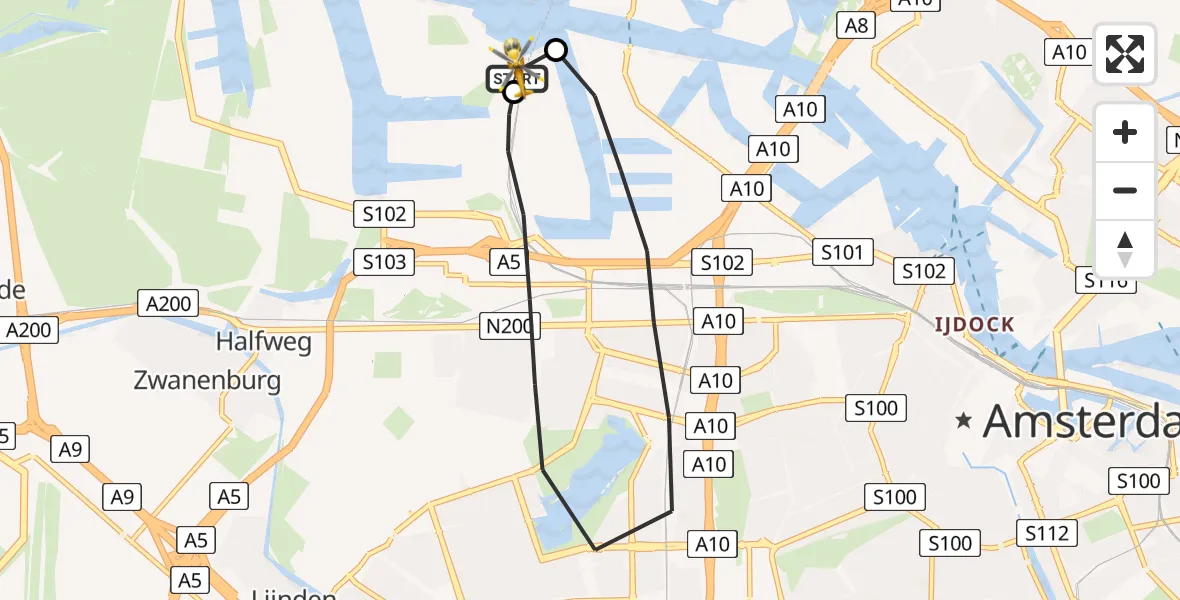 Vluchtroute Traumahelikopter van Amsterdam Heliport naar Amsterdam Heliport