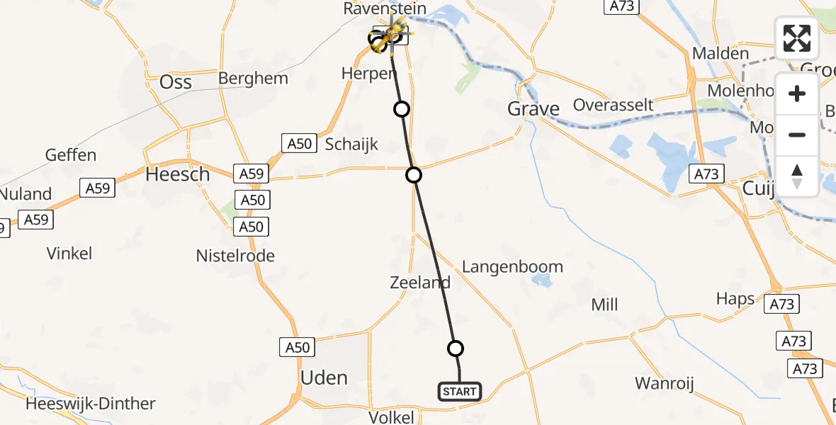 Vluchtroute Traumahelikopter van Vliegbasis Volkel naar Ravenstein