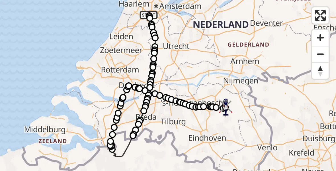 Vluchtroute Politiehelikopter van Amsterdam Vliegveld Schiphol naar Vliegbasis Volkel
