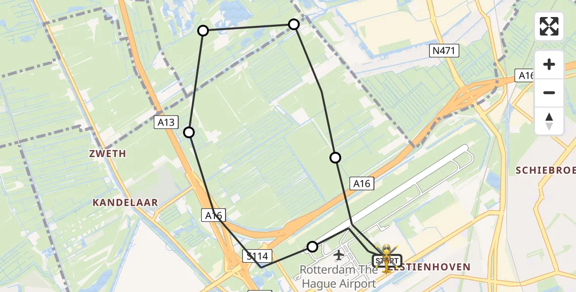 Vluchtroute Traumahelikopter van Rotterdam The Hague Airport naar Rotterdam The Hague Airport