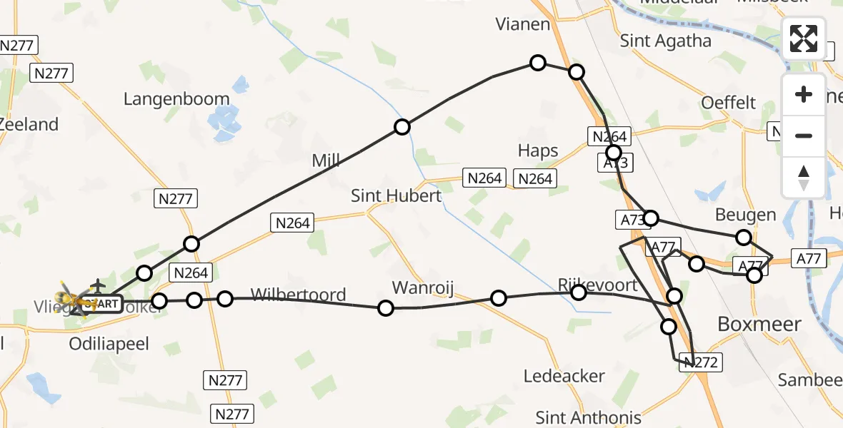 Vluchtroute Traumahelikopter van Vliegbasis Volkel naar Vliegbasis Volkel