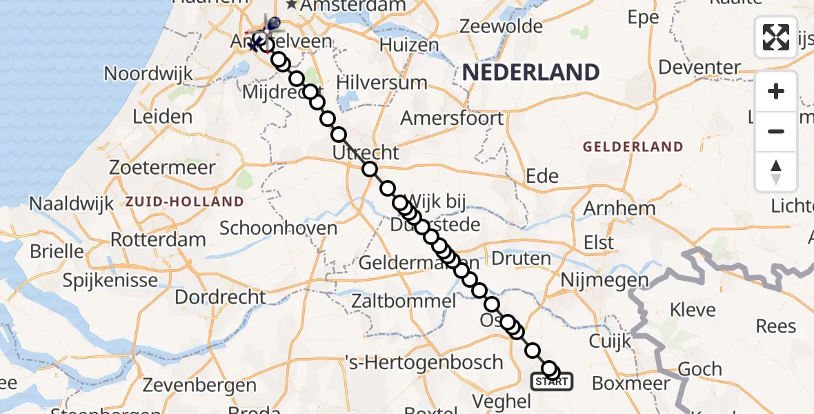 Vluchtroute Politiehelikopter van Vliegbasis Volkel naar Amsterdam Vliegveld Schiphol