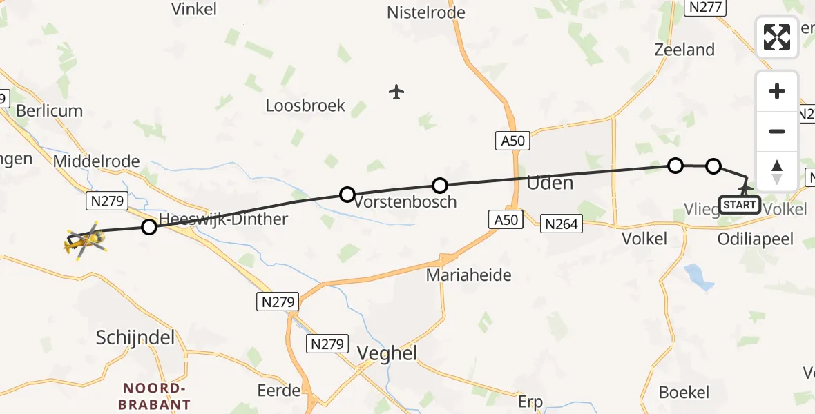 Vluchtroute Traumahelikopter van Vliegbasis Volkel naar Schijndel