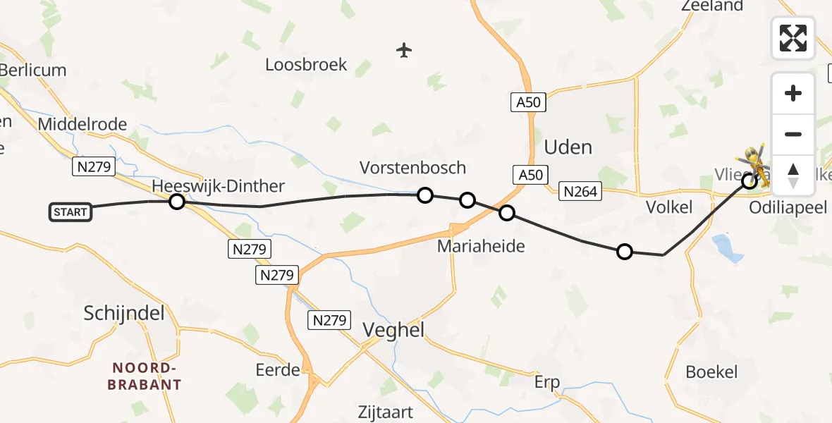 Vluchtroute Traumahelikopter van Schijndel naar Vliegbasis Volkel