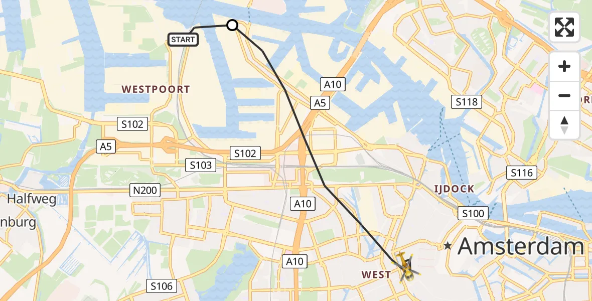 Vluchtroute Traumahelikopter van Amsterdam Heliport naar Amsterdam