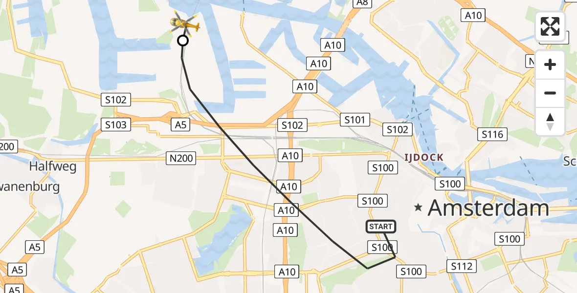Vluchtroute Traumahelikopter van Amsterdam naar Amsterdam Heliport