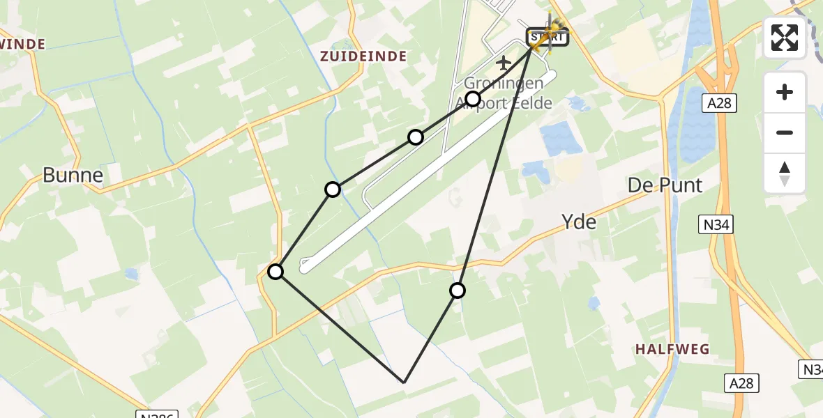 Vluchtroute Traumahelikopter van Groningen Airport Eelde naar Groningen Airport Eelde