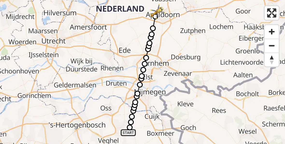Vluchtroute Traumahelikopter van Vliegbasis Volkel naar Apeldoorn