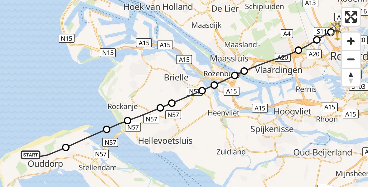 Vluchtroute Traumahelikopter van Ouddorp naar Rotterdam The Hague Airport