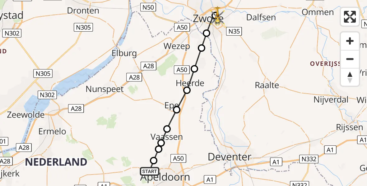 Vluchtroute Traumahelikopter van Apeldoorn naar Isala Hospital Zwolle Heliport