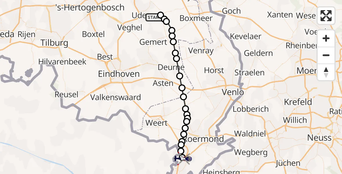 Vluchtroute Politiehelikopter van Vliegbasis Volkel naar Echt