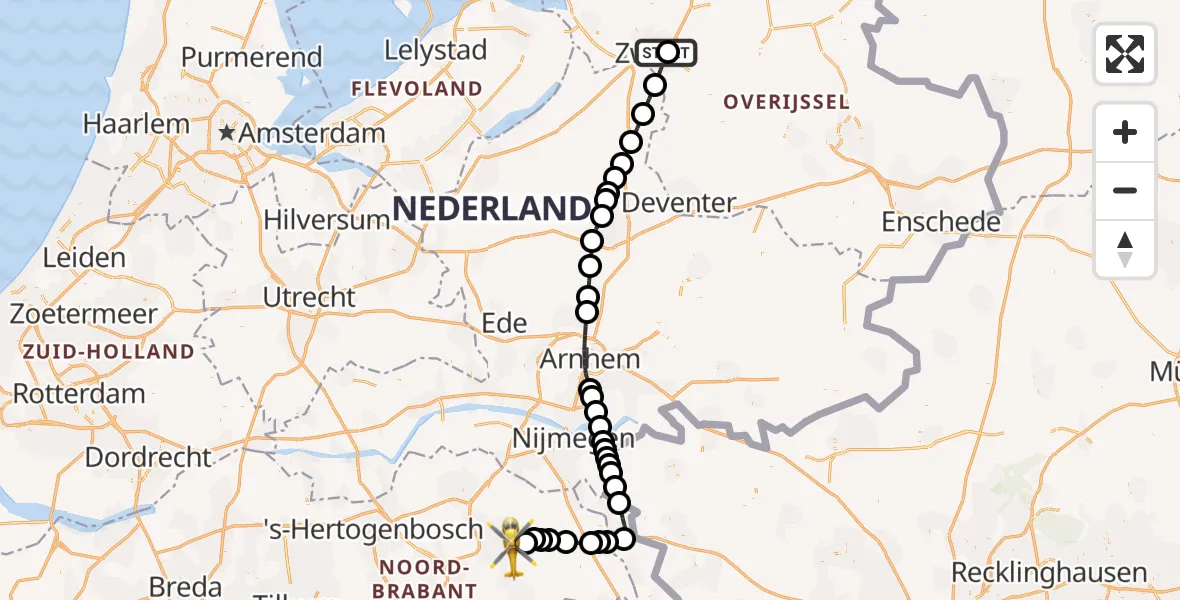 Vluchtroute Traumahelikopter van Isala Hospital Zwolle Heliport naar Vliegbasis Volkel