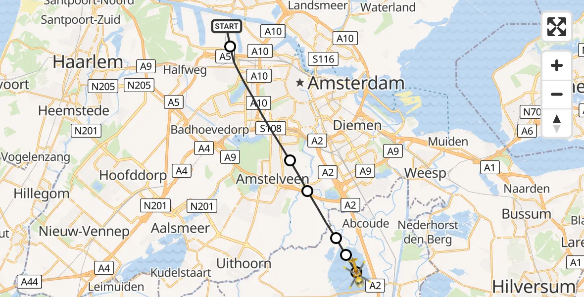 Vluchtroute Traumahelikopter van Amsterdam Heliport naar Vinkeveen