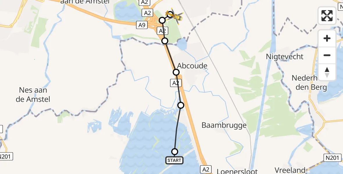 Vluchtroute Traumahelikopter van Vinkeveen naar Amsterdam UMC Helipad
