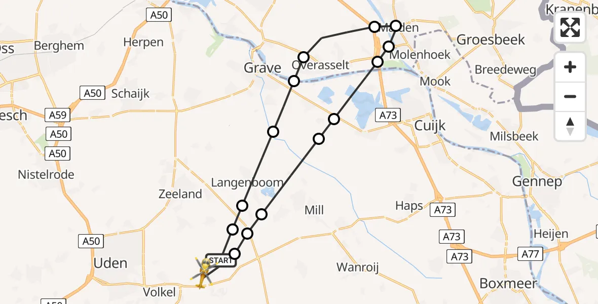 Vluchtroute Traumahelikopter van Vliegbasis Volkel naar Vliegbasis Volkel