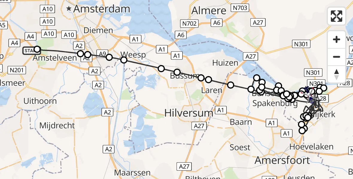 Vluchtroute Politiehelikopter van Amsterdam Vliegveld Schiphol naar Nijkerk