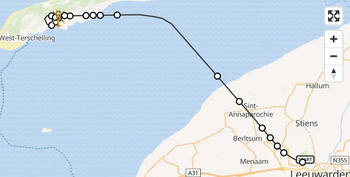 Vluchtroute Ambulancehelikopter van Vliegbasis Leeuwarden naar Terschelling Heliport