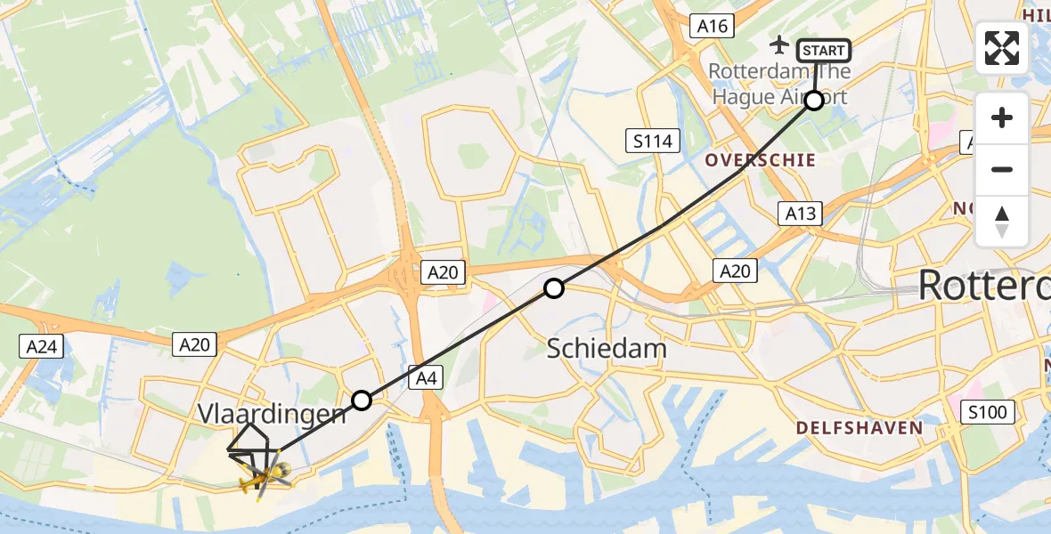 Vluchtroute Traumahelikopter van Rotterdam The Hague Airport naar Vlaardingen