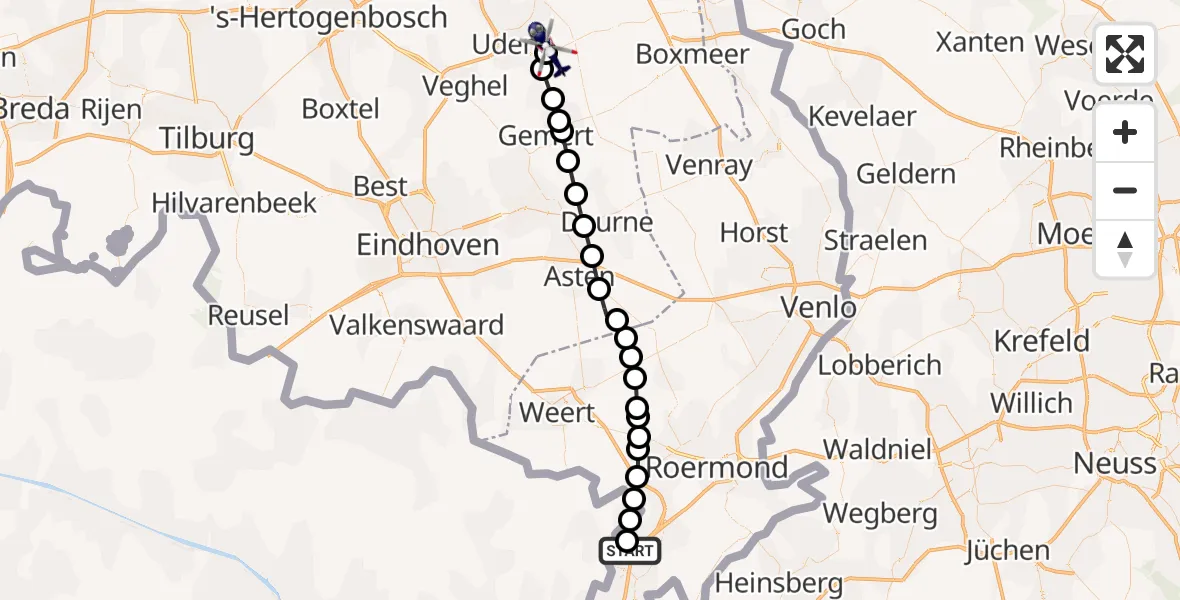 Vluchtroute Politiehelikopter van Echt naar Vliegbasis Volkel