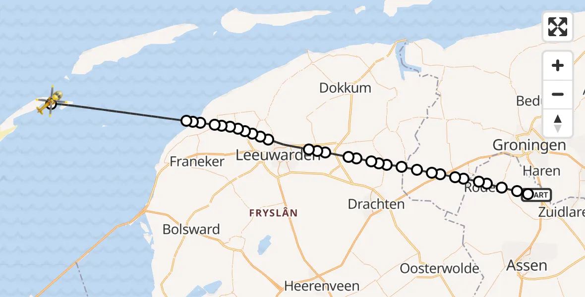 Vluchtroute Traumahelikopter van Groningen Airport Eelde naar Vlieland Heliport