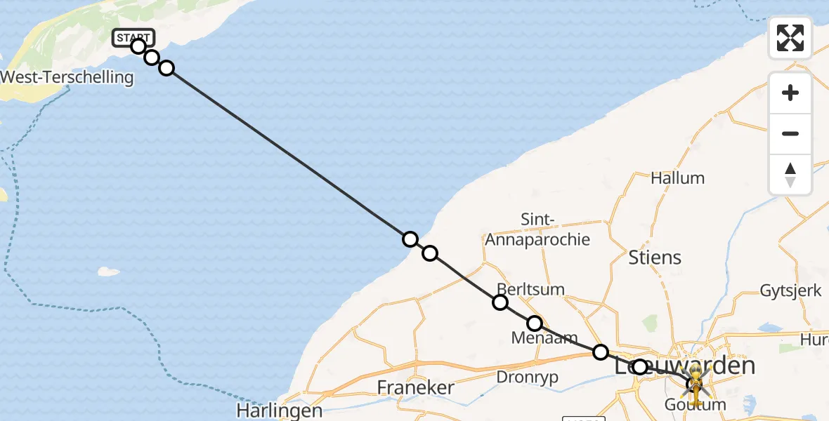 Vluchtroute Ambulancehelikopter van Terschelling Heliport naar Leeuwarden Medical Center Heliport
