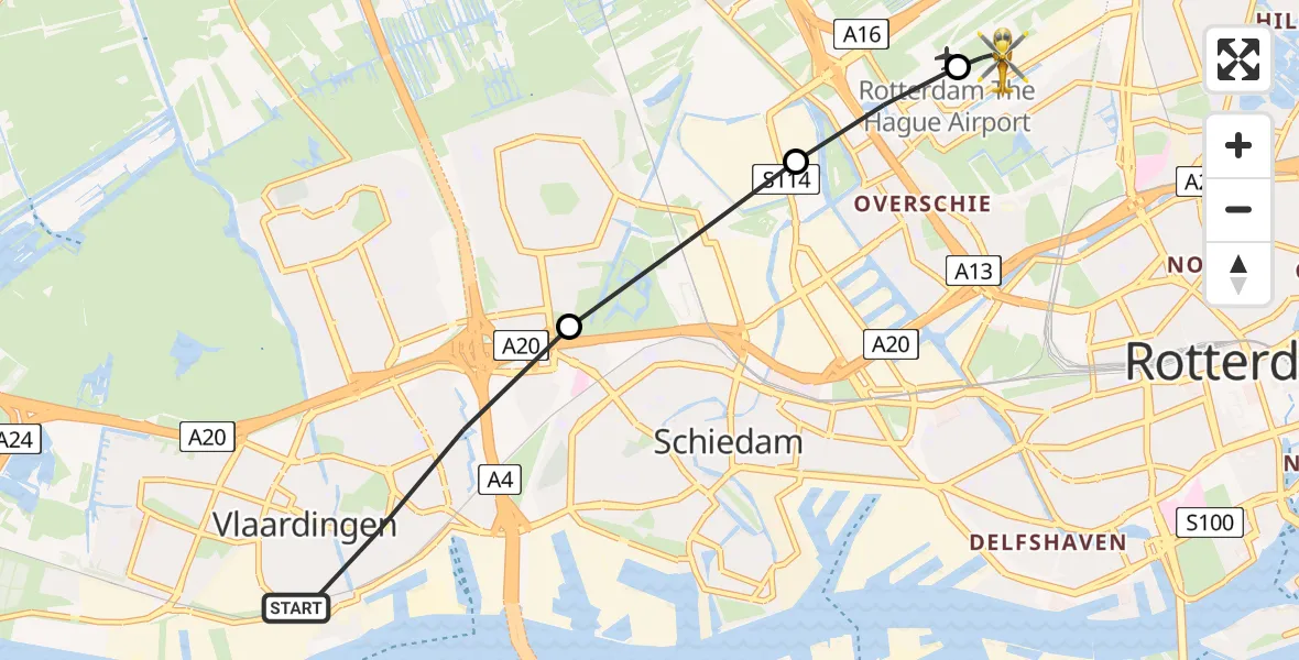 Vluchtroute Traumahelikopter van Vlaardingen naar Rotterdam The Hague Airport