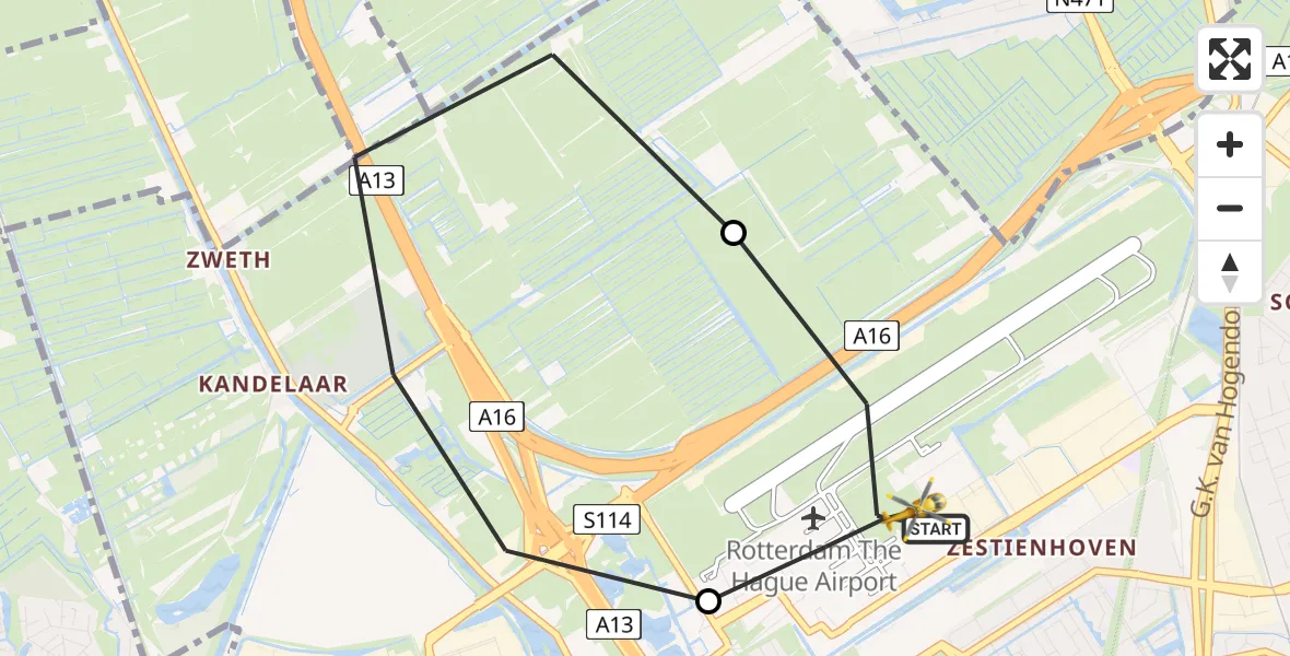 Vluchtroute Traumahelikopter van Rotterdam The Hague Airport naar Rotterdam The Hague Airport