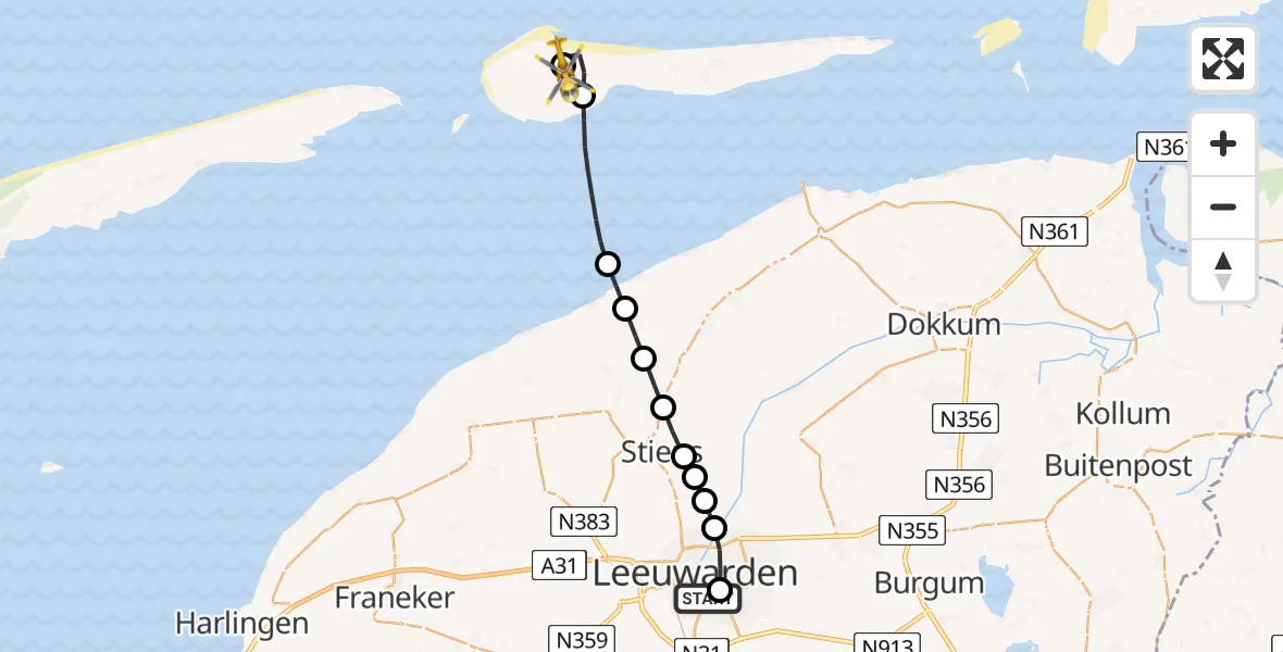 Vluchtroute Ambulancehelikopter van Leeuwarden Medical Center Heliport naar Ameland Vliegveld Ballum