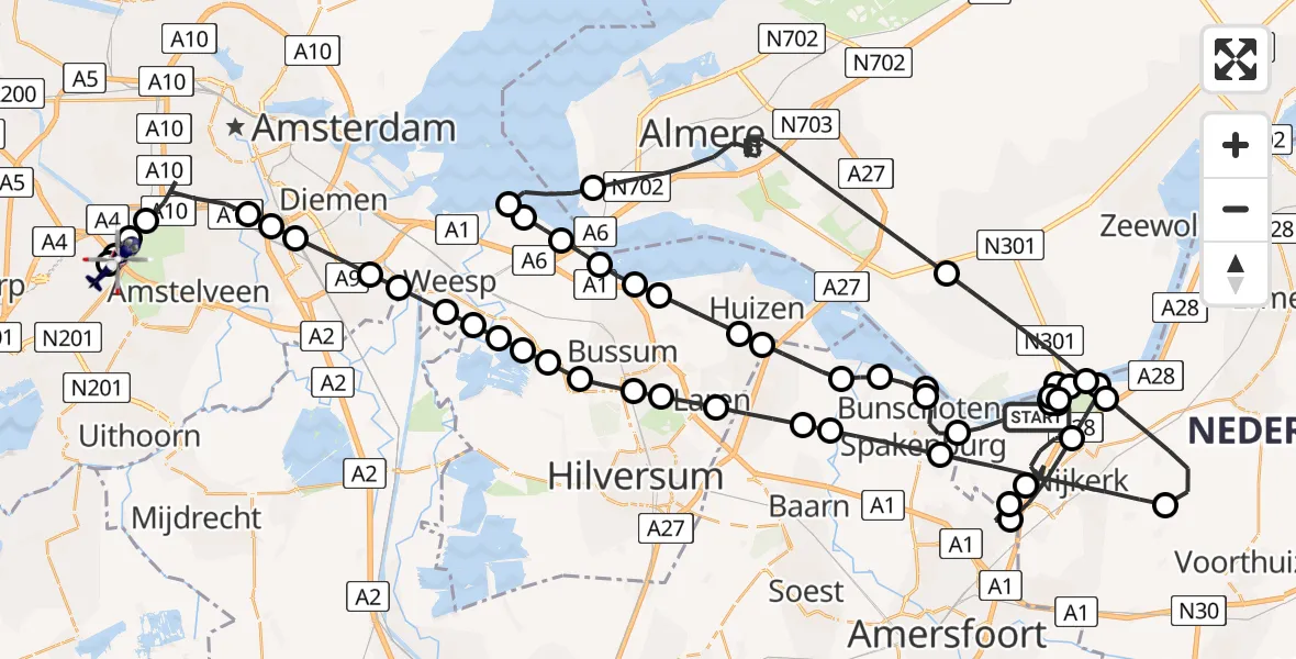 Vluchtroute Politiehelikopter van Nijkerk naar Amsterdam Vliegveld Schiphol