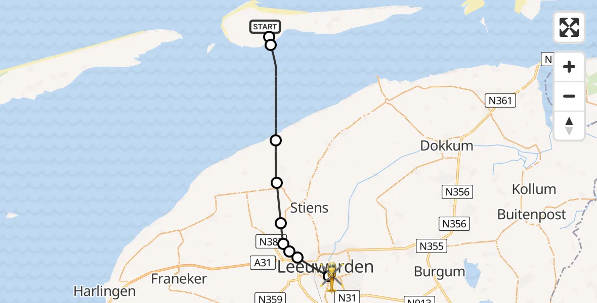 Vluchtroute Ambulancehelikopter van Ameland Vliegveld Ballum naar Leeuwarden Medical Center Heliport