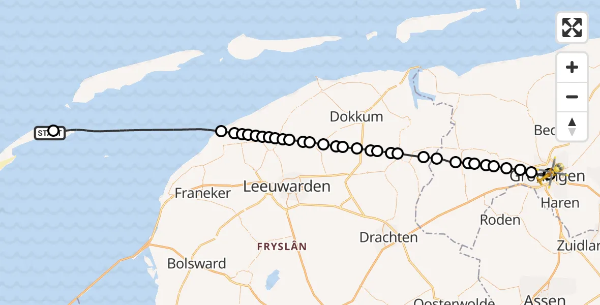 Vluchtroute Traumahelikopter van Vlieland Heliport naar Universitair Medisch Centrum Groningen