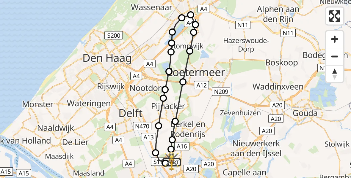 Vluchtroute Traumahelikopter van Rotterdam The Hague Airport naar Rotterdam The Hague Airport