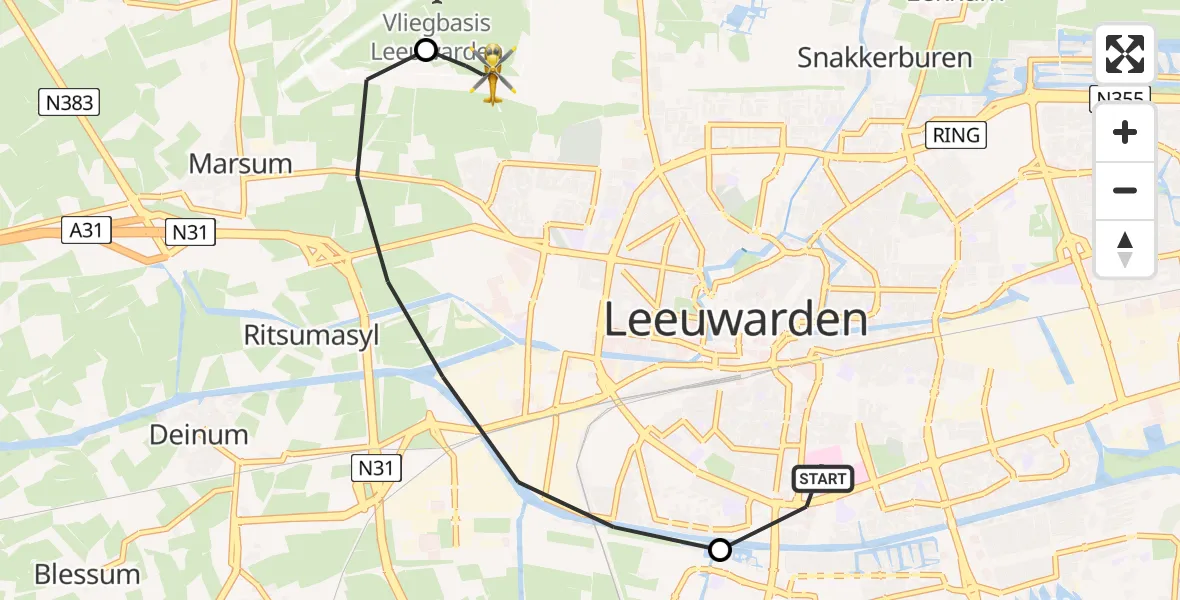Vluchtroute Ambulancehelikopter van Leeuwarden Medical Center Heliport naar Vliegbasis Leeuwarden