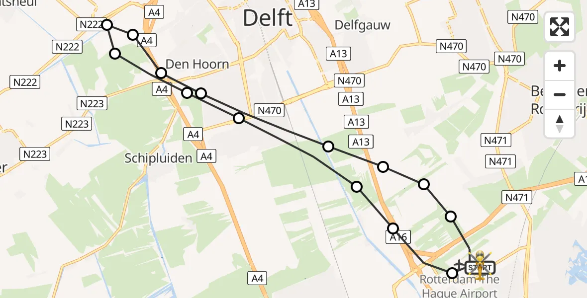 Vluchtroute Traumahelikopter van Rotterdam The Hague Airport naar Rotterdam The Hague Airport