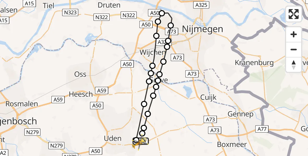 Vluchtroute Traumahelikopter van Vliegbasis Volkel naar Vliegbasis Volkel